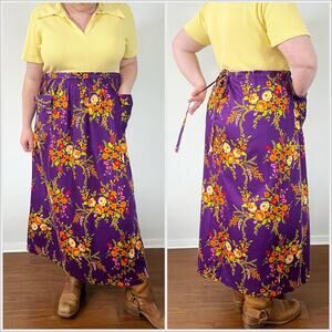 Vintage 70s Floral Peasant Skirt Maxi Purple Orange // Plus Size 2X‎ or 3X